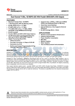 ADS62C15IRGCTG4 datasheet - Dual Channel 11-Bits, 125 MSPS ADC With Parallel CMOS/DDR LVDS Outputs