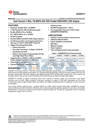 ADS62P15 datasheet - Dual Channel 11-Bits,125 MSPS ADC With Parallel CMOS/DDR LVDS Outputs