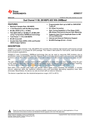 ADS62C17IRGCR datasheet - Dual Channel 11 Bit, 200 MSPS ADC With SNRBoost