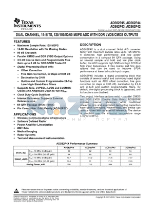 ADS62P24 datasheet - DUAL CHANNEL, 14-BITS, 125/105/80/65 MSPS ADC WITH DDR LVDS/CMOS OUTPUTS