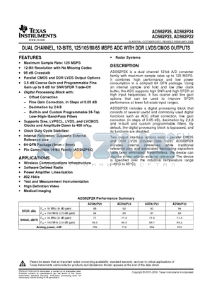 ADS62P25 datasheet - DUAL CHANNEL, 12-BITS, 125/105/80/65 MSPS ADC WITH DDR LVDS/CMOS OUTPUTS