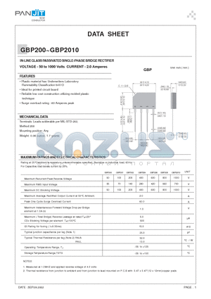 GBP200 datasheet - IN-LINE GLASS PASSIVATED SINGLE-PHASE BRIDGE RECTIFIER(VOLTAGE - 50 to 1000 Volts CURRENT - 2.0 Amperes)