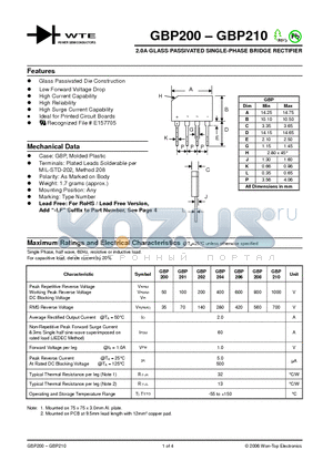 GBP200 datasheet - 2.0A GLASS PASSIVATED SINGLE-PHASE BRIDGE RECTIFIER