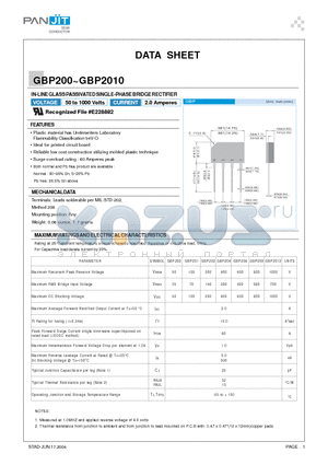 GBP200 datasheet - IN-LINE GLASS PASSIVATED SINGLE-PHASE BRIDGE RECTIFIER