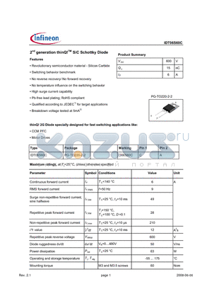IDT06S60C datasheet - 2nd generation thinQ SiC Schottky Diode