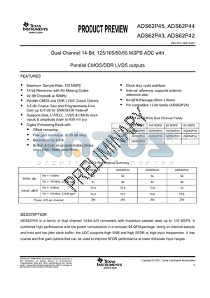 ADS62P44IRGCT datasheet - Dual Channel 14-Bit, 125/105/80/65 MSPS ADC with Parallel CMOS/DDR LVDS outputs