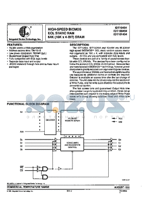 IDT101494S10C datasheet - HIGH-SPEED BiCMOS ECL STATIC RAM 64K (16K4-BIT) SRAM