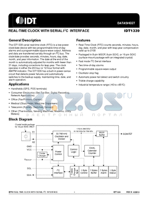 IDT1339 datasheet - REAL-TIME CLOCK WITH SERIAL I2C INTERFACE