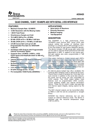 ADS6425IRGCTG4 datasheet - QUAD CHANNEL, 12-BIT, 125-MSPS ADC WITH SERIAL LVDS INTERFACE