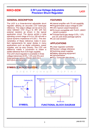 L431VA datasheet - 2.5V Low-Voltage Adjustable Precision Shunt Regulator