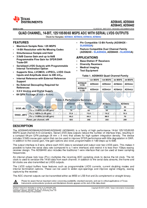 ADS6442IRGC25 datasheet - QUAD CHANNEL, 14-BIT, 125/105/80/65 MSPS ADC WITH SERIAL LVDS OUTPUTS