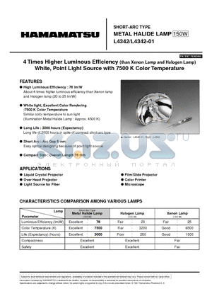 L4342-01 datasheet - SHORT-ARC TYPE METAL HALIDE LAMP