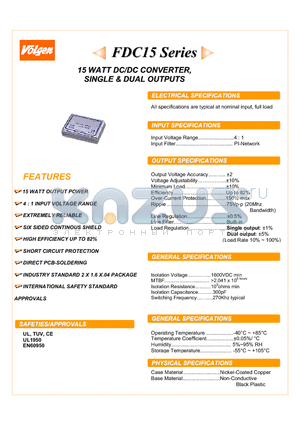 FDC15-48D12 datasheet - 15 WATT DC/DC CONVERTER, SINGLE & DUAL OUTPUTS