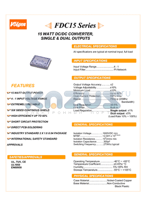 FDC15-48S12 datasheet - 15 WATT DC/DC CONVERTER, SINGLE & DUAL OUTPUTS