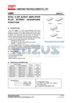 L4863-D16-T datasheet - DUAL 2.2W AUDIO AMPLIFIER PLUS STEREO HEADPHONE FUNCTION