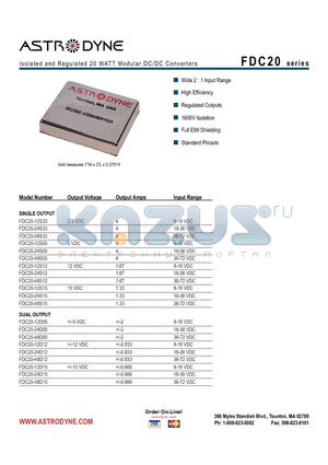 FDC20-12T0512 datasheet - Isolated and Regulated 20 WATT Modular DC/DC Converters