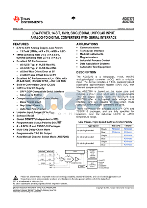 ADS7280IRSAR datasheet - LOW-POWER, 14-BIT, 1MHz, SINGLE/DUAL UNIPOLAR INPUT, ANALOG-TO-DIGITAL CONVERTERS WITH SERIAL INTERFACE