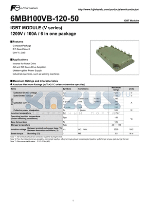 6MBI100VB-120-50 datasheet - IGBT MODULE (V series) 1200V / 100A / 6 in one package