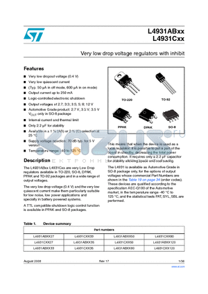 L4931ABD35-TR datasheet - Very low drop voltage regulators with inhibit