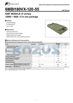 6MBI180VX-120-55 datasheet - IGBT MODULE (V series) 1200V / 180A / 6 in one package