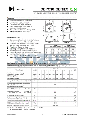 GBPC1004W datasheet - 10A GLASS PASSIVATED SINGLE-PHASE BRIDGE RECTIFIER