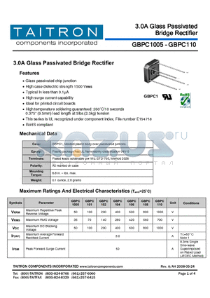 GBPC101 datasheet - 3.0A Glass Passivated Bridge Rectifier