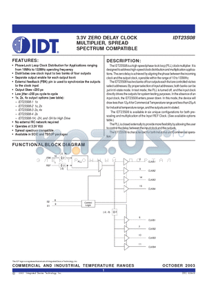IDT23S08-1H datasheet - 3.3V ZERO DELAY CLOCK MULTIPLIER, SPREAD SPECTRUM COMPATIBLE