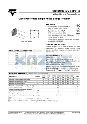 GBPC106 datasheet - Glass Passivated Single-Phase Bridge Rectifier