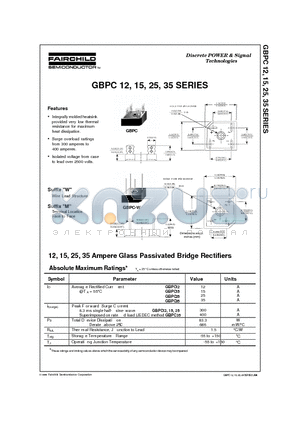 GBPC12 datasheet - 12, 15, 25, 35 Ampere Glass Passivated Bridge Rectifiers