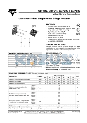 GBPC12 datasheet - Glass Passivated Single-Phase Bridge Rectifier