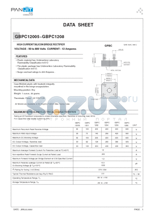 GBPC12005 datasheet - HIGH CURRENT SILICON BRIDGE RECTIFIER