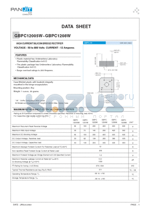 GBPC1201W datasheet - HIGH CURRENT SILICON BRIDGE RECTIFIER