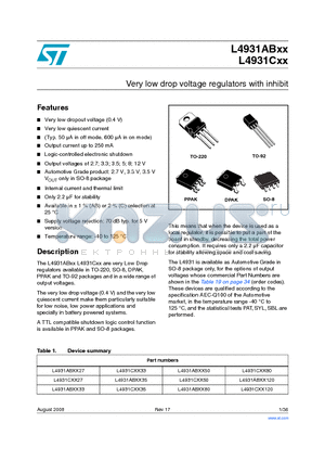 L4931ABXX datasheet - Very low drop voltage regulators with inhibit