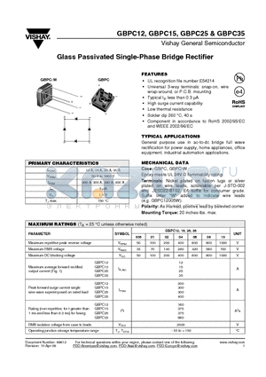 GBPC1206-E4/51 datasheet - Glass Passivated Single-Phase Bridge Rectifier