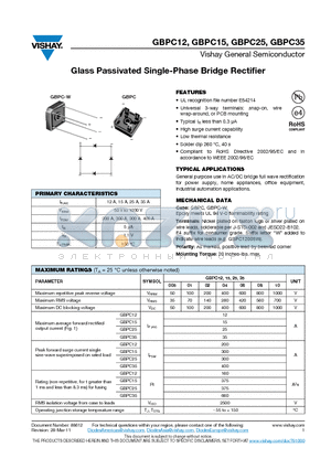 GBPC1206W-E4-51 datasheet - Glass Passivated Single-Phase Bridge Rectifier
