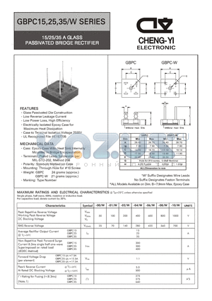 GBPC15 datasheet - 15/25/35 A GLASS PASSIVATED BRIDGE RECTIFIER