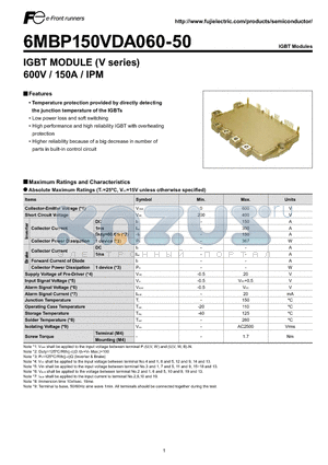 6MBP150VDA060-50 datasheet - IGBT MODULE (V series) 600V / 150A / IPM