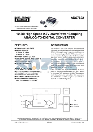 ADS7822B datasheet - 12-Bit High Speed 2.7V microPower Sampling ANALOG-TO-DIGITAL CONVERTER