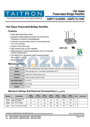 GBPC15-02W datasheet - 15A Glass Passivated Bridge Rectifier