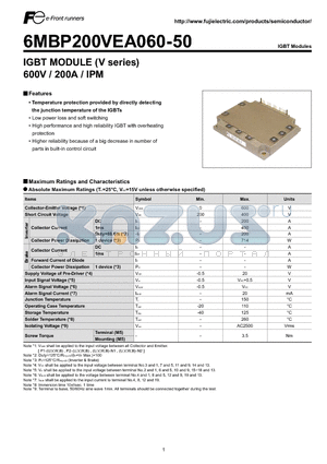 6MBP200VEA060-50 datasheet - IGBT MODULE (V series) 600V / 200A / IPM