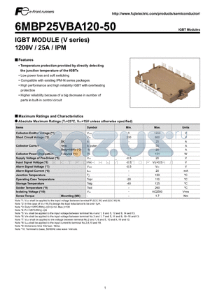 6MBP25VBA120-50 datasheet - IGBT MODULE (V series) 1200V / 25A / IPM