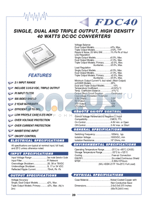 FDC40-12S12 datasheet - SIINGLE,, DUAL AND TRIIPLE OUTPUT,, HIIGH DENSIITY 40 WATTS DC//DC CONVERTERS