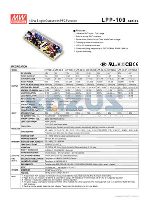 LPP-100-15 datasheet - 100W Single Output with PFC Function