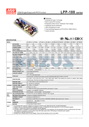 LPP-100-15 datasheet - 100W Single Output with PFC Function