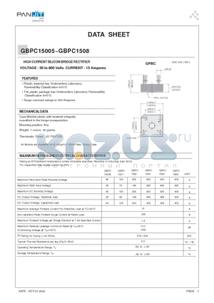 GBPC1501 datasheet - HIGH CURRENT SILICON BRIDGE RECTIFIER(VOLTAGE - 50 to 800 Volts CURRENT - 15 Amperes)