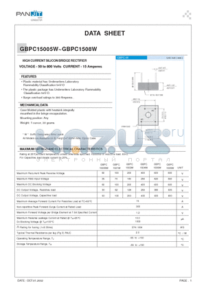 GBPC1501W datasheet - HIGH CURRENT SILICON BRIDGE RECTIFIER(VOLTAGE - 50 to 800 Volts CURRENT - 15 Amperes)