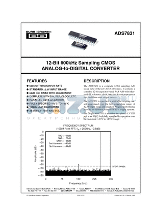 ADS7831 datasheet - 12-Bit 600kHz Sampling CMOS ANALOG-to-DIGITAL CONVERTER