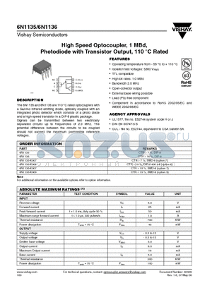 6N1135 datasheet - High Speed Optocoupler, 1 MBd, Photodiode with Transistor Output, 110 `C Rated