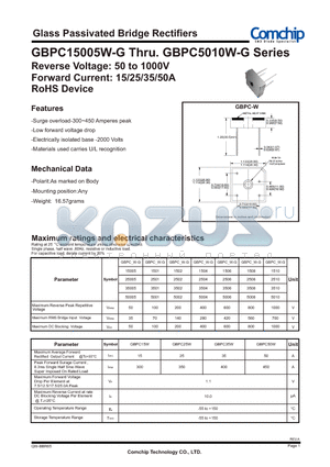 GBPC1501W-G datasheet - Glass Passivated Bridge Rectifiers