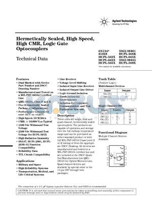 6N134 datasheet - Hermetically Sealed, High Speed, High CMR, Logic Gate Optocouplers